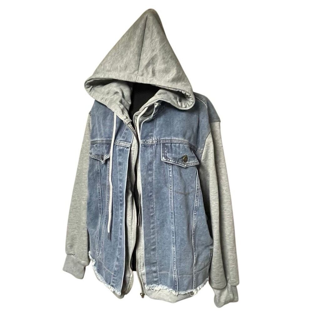 Mixed Material Jean and Sweatshirt Trucker Jacket N0581